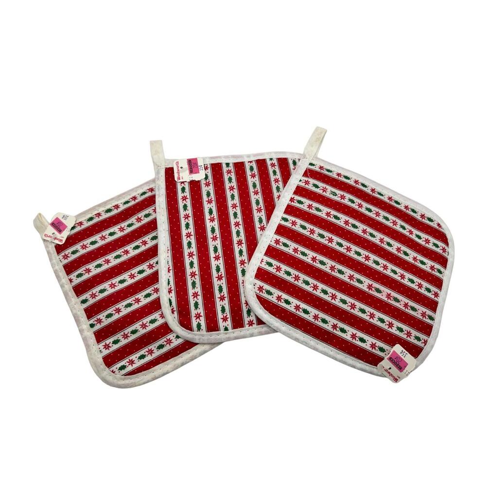Vintage Woolworth's Christmas Potholders Set of 3 White Green Red New with Tag